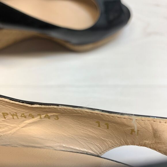 Stuart Weitzman Womens 11M Riveria Sandals Black Patent Leather Slingback Wedge - Picture 8 of 10